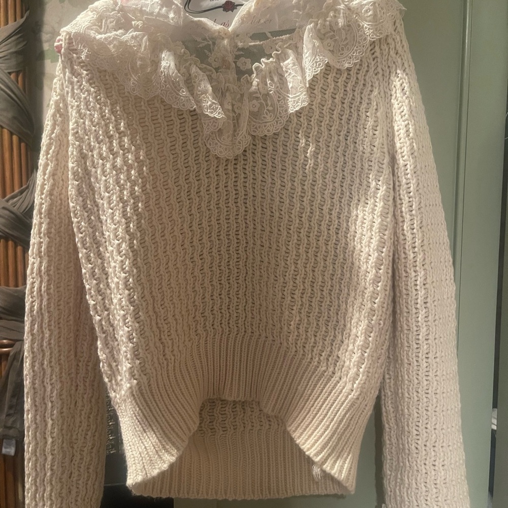 Zara Cream Off-the-Shoulder Sweater with Lace Trim